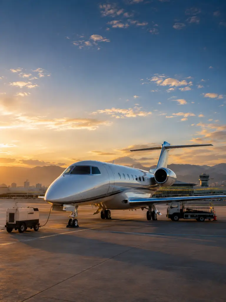 Executive jet parked on the apron of an international airport at sunset, with ground support equipment and mountains in the background.