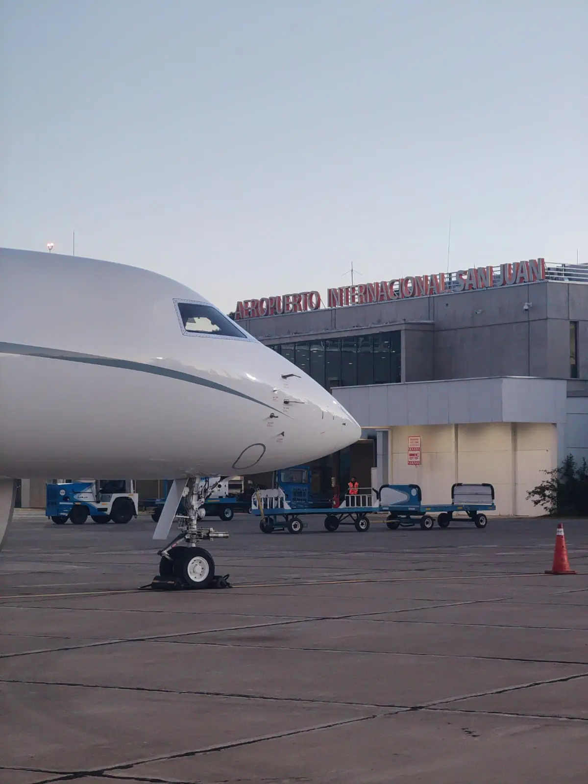 Executive jet parked at San Juan Airport, Argentina, during ground operations.