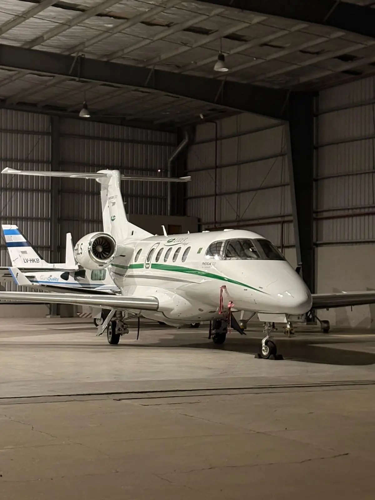 Private jet parked inside a hangar, ready for maintenance and secure storage, managed by Agile Aero.