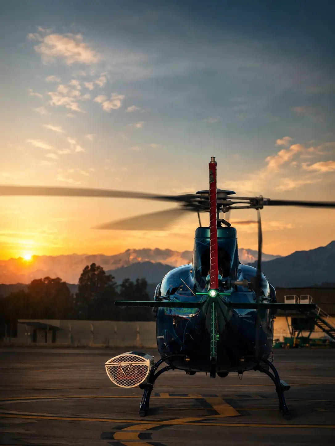 Helicopter at sunrise on the tarmac of Mendoza airport, ready for VIP transport and flight support by Agile Aero.