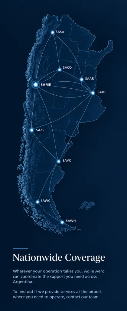 Agile's Coverage Map: Connecting Argentina's SkiesAgile, a leading FBO and handling company based in Argentina, proudly presents its comprehensive coverage map. This visual representation highlights the extensive network of airports where Agile provides exceptional services, ensuring seamless connectivity and unparalleled support for our valued clients. From the bustling hubs of Buenos Aires to the remote regional airfields, Agile's dedicated team is committed to delivering the highest standards of safety, efficiency, and customer satisfaction across the entire Argentine aviation landscape.